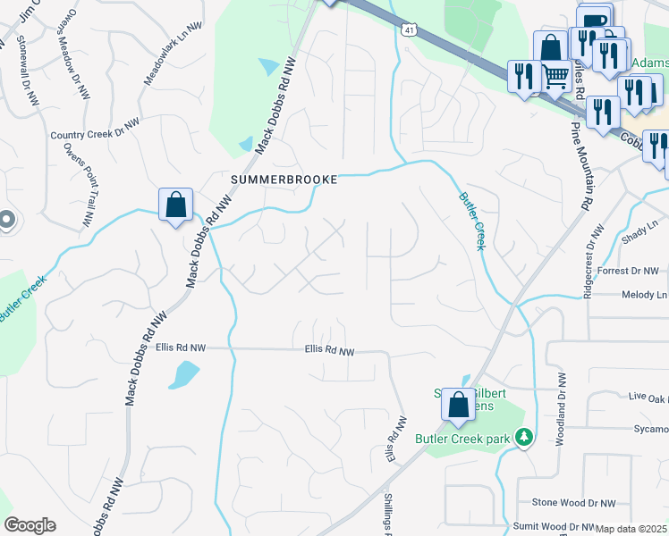 map of restaurants, bars, coffee shops, grocery stores, and more near 2479 Kaley Walk Northwest in Kennesaw