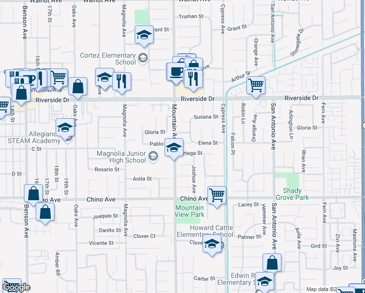 map of restaurants, bars, coffee shops, grocery stores, and more near 6325 Pablo Street in Chino
