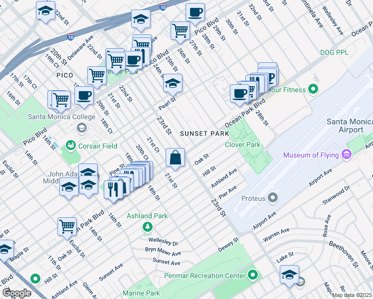 map of restaurants, bars, coffee shops, grocery stores, and more near 2318 Ocean Park Place South in Santa Monica