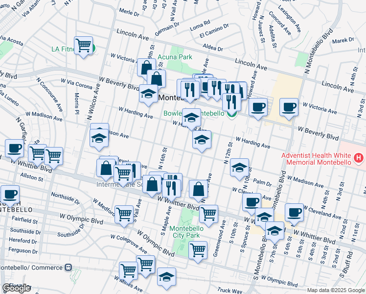 map of restaurants, bars, coffee shops, grocery stores, and more near 1505 West Madison Avenue in Montebello