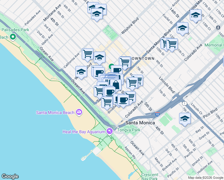 map of restaurants, bars, coffee shops, grocery stores, and more near 312 Santa Monica Boulevard in Santa Monica