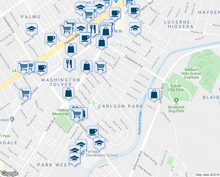 map of restaurants, bars, coffee shops, grocery stores, and more near in Culver City