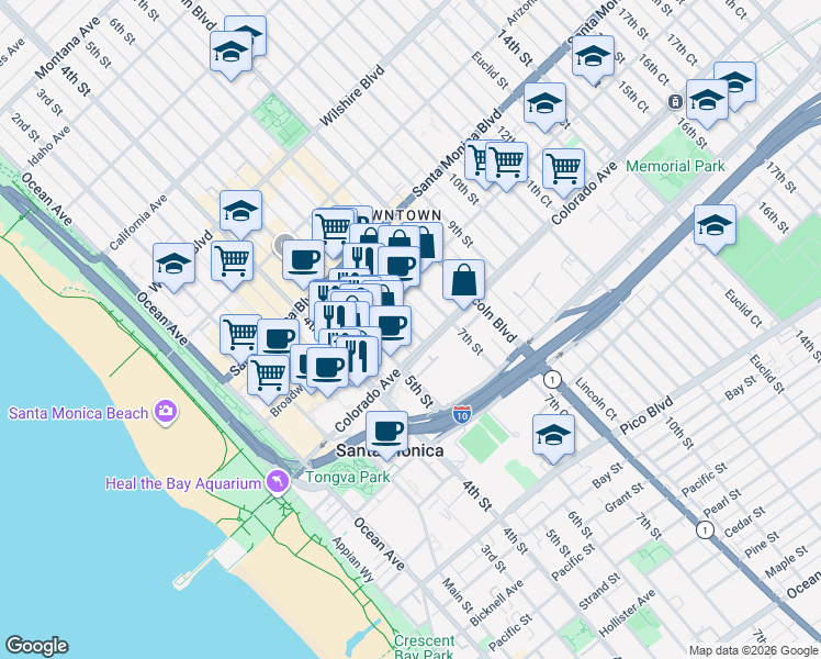 map of restaurants, bars, coffee shops, grocery stores, and more near 1540 6th Street in Santa Monica