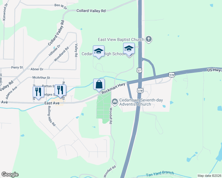 map of restaurants, bars, coffee shops, grocery stores, and more near 1452 Rockmart Highway in Cedartown