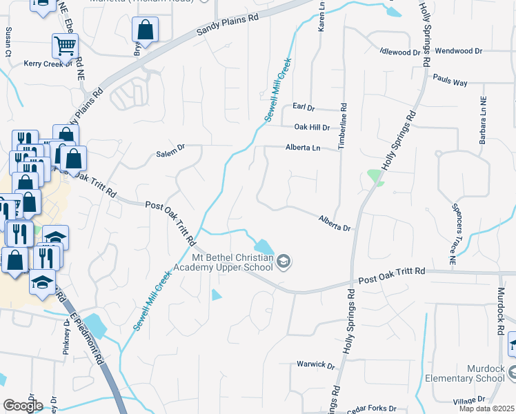 map of restaurants, bars, coffee shops, grocery stores, and more near 3006 Alberta Drive in Marietta