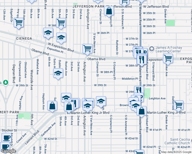 map of restaurants, bars, coffee shops, grocery stores, and more near 3866 South Van Ness Avenue in Los Angeles