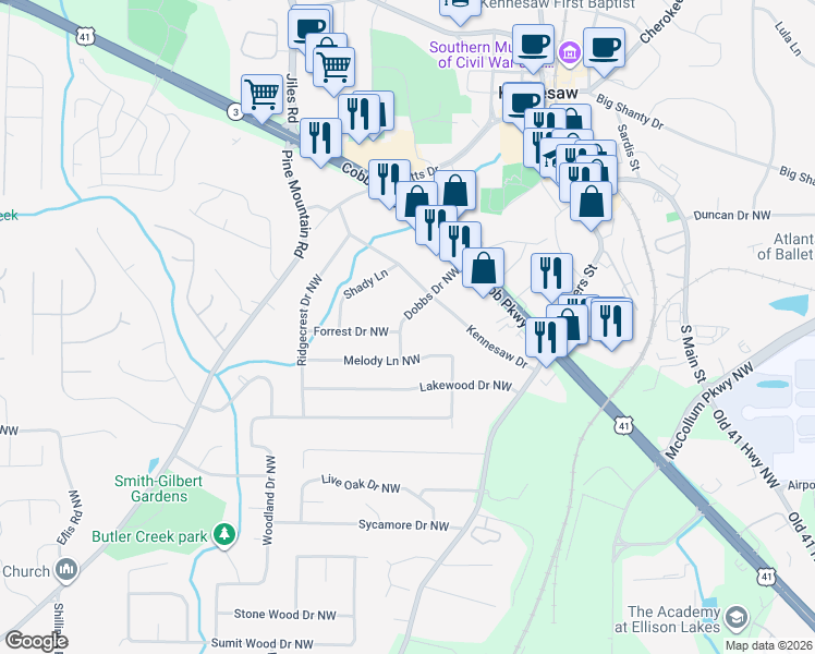 map of restaurants, bars, coffee shops, grocery stores, and more near 2546 Dobbs Drive Northwest in Kennesaw