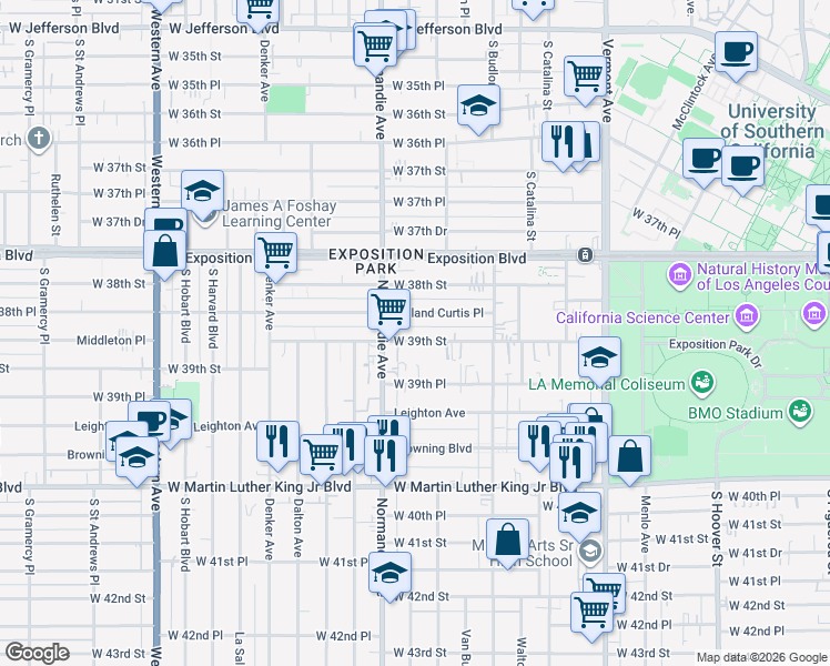 map of restaurants, bars, coffee shops, grocery stores, and more near 1251 West 39th Street in Los Angeles
