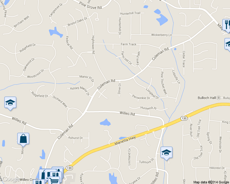 map of restaurants, bars, coffee shops, grocery stores, and more near 130 Dove Ct in Roswell