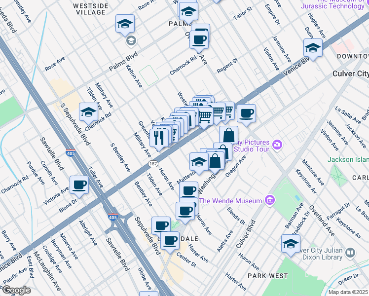 map of restaurants, bars, coffee shops, grocery stores, and more near 3808 College Avenue in Culver City