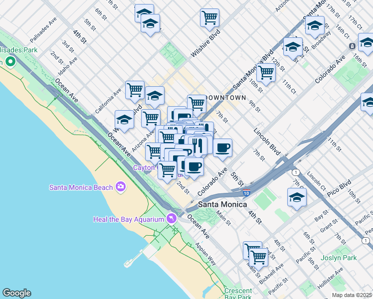map of restaurants, bars, coffee shops, grocery stores, and more near 1447 4th Street in Santa Monica