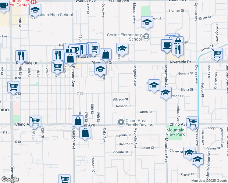 map of restaurants, bars, coffee shops, grocery stores, and more near 13488 5th Street in Chino