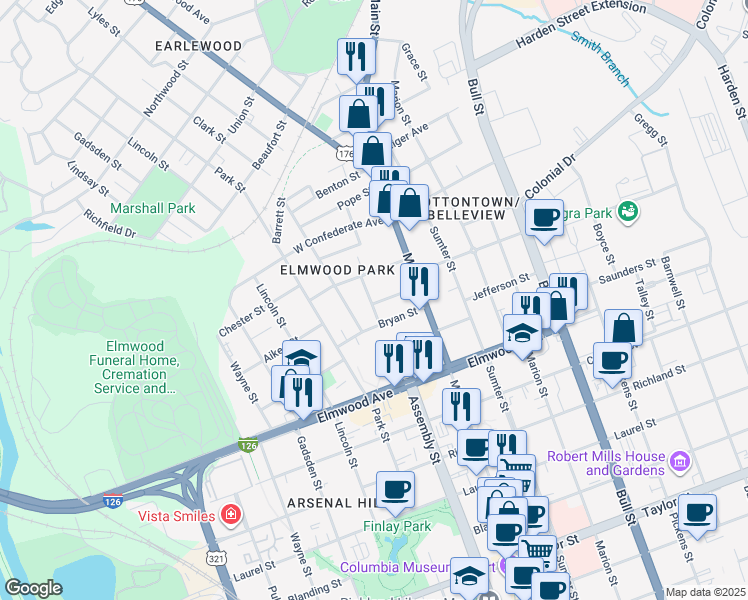 map of restaurants, bars, coffee shops, grocery stores, and more near 2212 Rembert Street in Columbia
