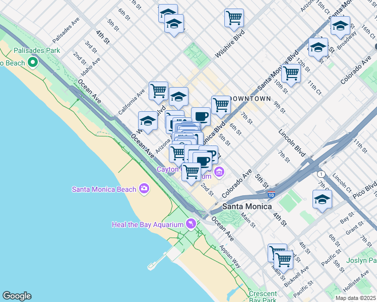 map of restaurants, bars, coffee shops, grocery stores, and more near in Santa Monica