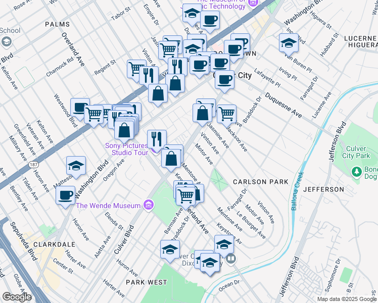map of restaurants, bars, coffee shops, grocery stores, and more near 10458 Culver Boulevard in Culver City