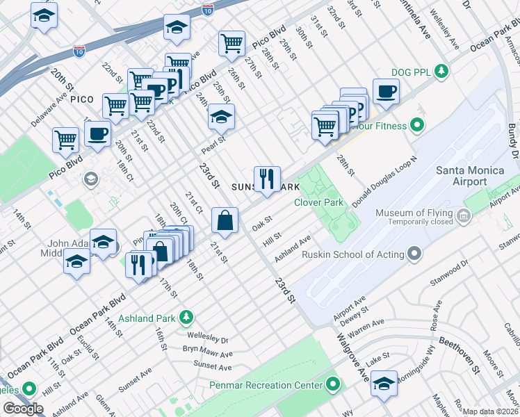 map of restaurants, bars, coffee shops, grocery stores, and more near 2338 Ocean Park Boulevard in Santa Monica