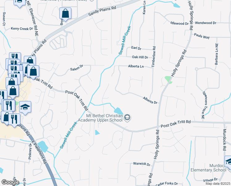 map of restaurants, bars, coffee shops, grocery stores, and more near 3006 Alberta Drive in Marietta