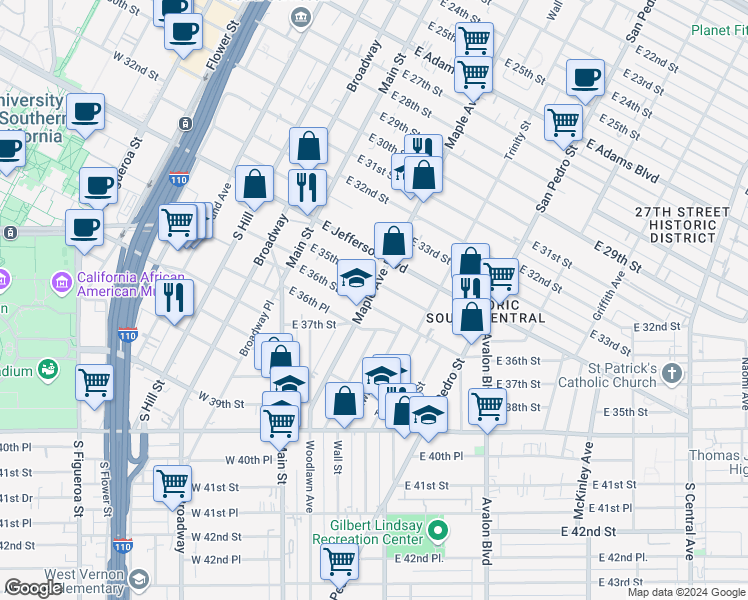 map of restaurants, bars, coffee shops, grocery stores, and more near 3522 Maple Avenue in Los Angeles
