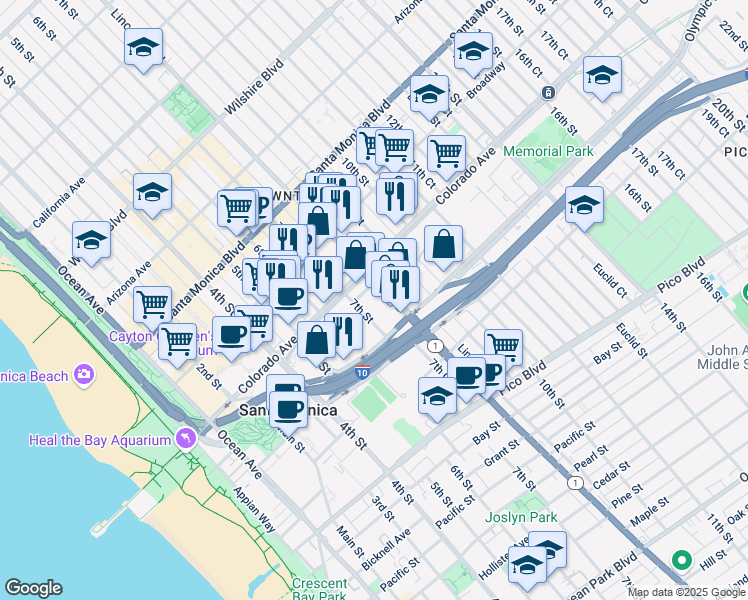 map of restaurants, bars, coffee shops, grocery stores, and more near 1626 Lincoln Boulevard in Santa Monica
