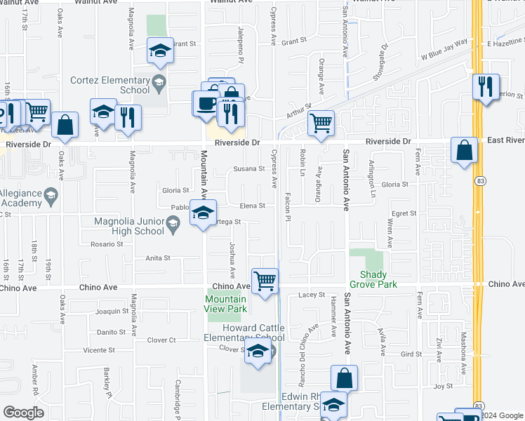 map of restaurants, bars, coffee shops, grocery stores, and more near 6465 Elena Street in Chino