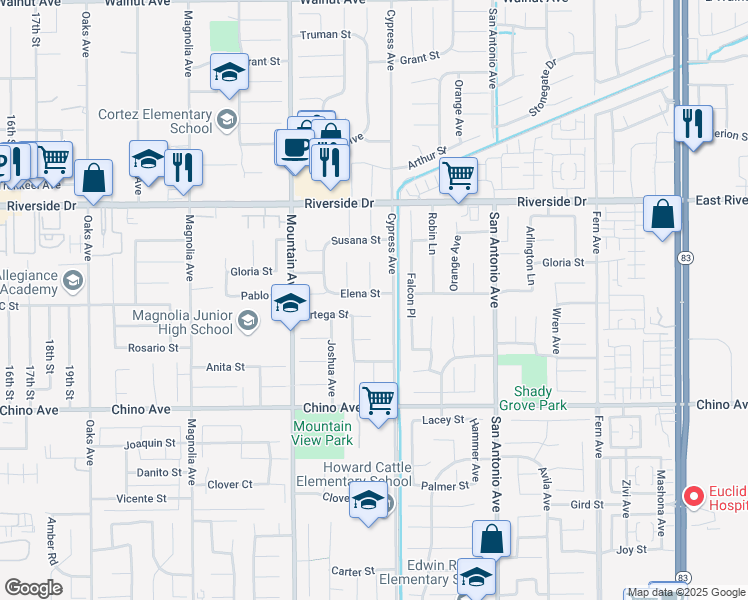 map of restaurants, bars, coffee shops, grocery stores, and more near 6465 Elena Street in Chino