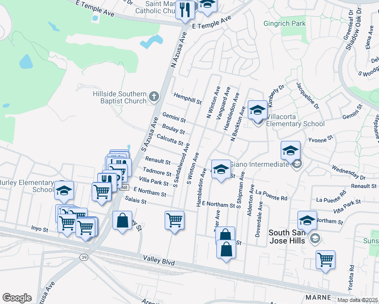 map of restaurants, bars, coffee shops, grocery stores, and more near 212 South Sandalwood Avenue in La Puente