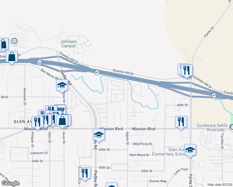 map of restaurants, bars, coffee shops, grocery stores, and more near 4080 Pedley Road in Jurupa Valley