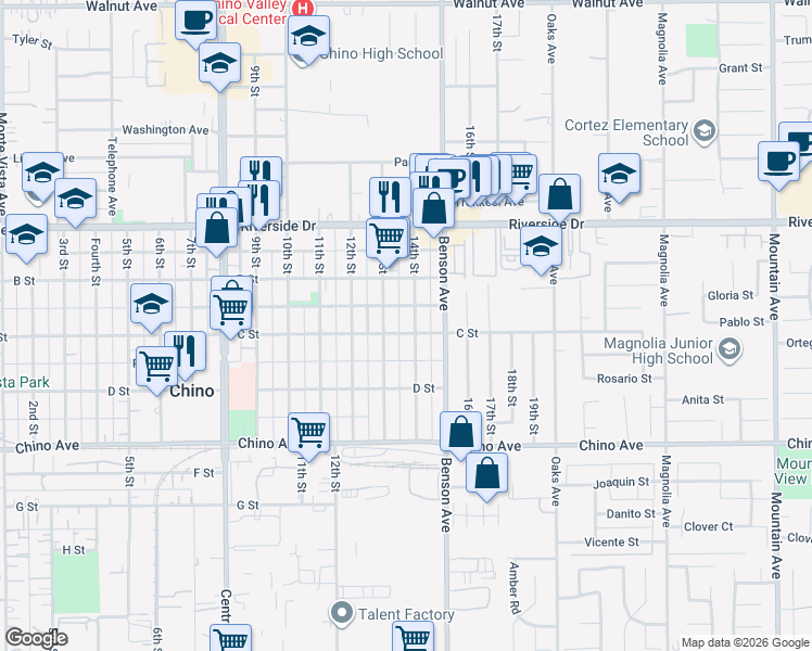 map of restaurants, bars, coffee shops, grocery stores, and more near 13101 13th Street in Chino
