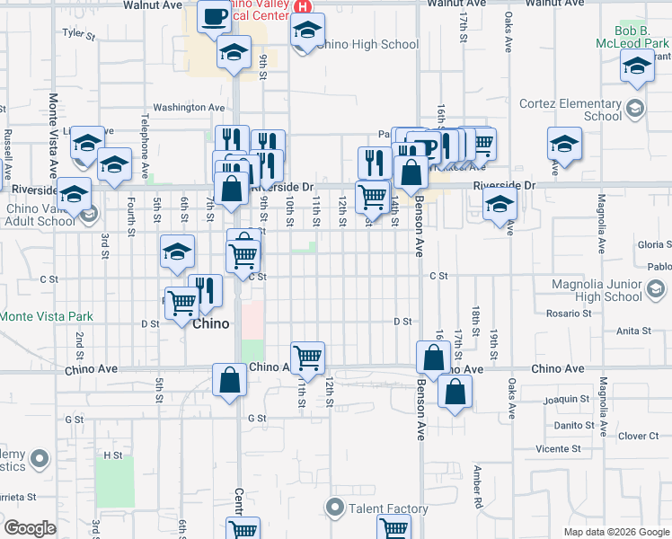 map of restaurants, bars, coffee shops, grocery stores, and more near 13102 12th Street in Chino