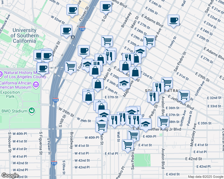 map of restaurants, bars, coffee shops, grocery stores, and more near 165 East 36th Place in Los Angeles