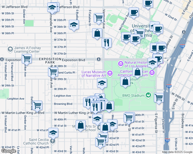 map of restaurants, bars, coffee shops, grocery stores, and more near 1038 West 39th Street in Los Angeles