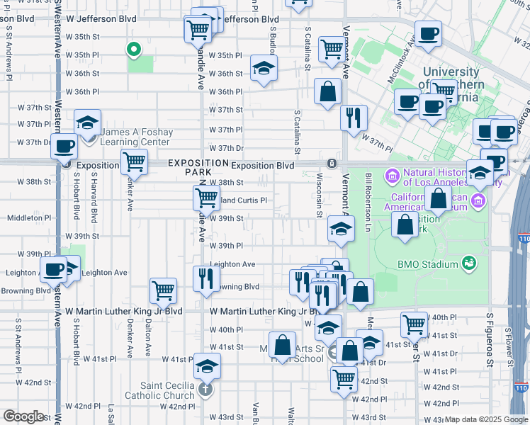 map of restaurants, bars, coffee shops, grocery stores, and more near 1155 West 39th Street in Los Angeles