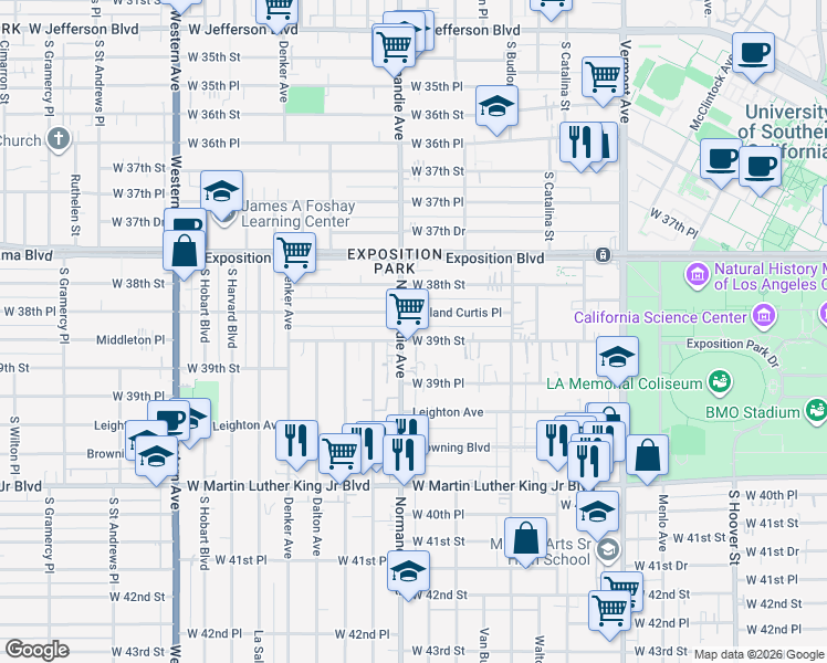 map of restaurants, bars, coffee shops, grocery stores, and more near 1252 West 39th Street in Los Angeles