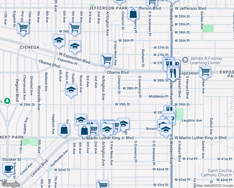 map of restaurants, bars, coffee shops, grocery stores, and more near 3866 South Van Ness Avenue in Los Angeles