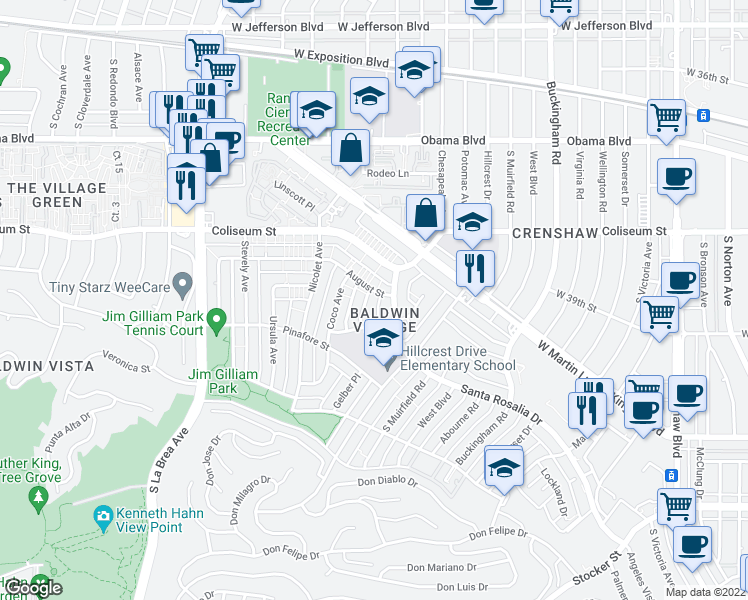 map of restaurants, bars, coffee shops, grocery stores, and more near 3920 Roxanne Avenue in Los Angeles