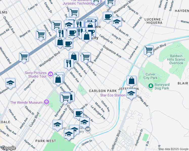 map of restaurants, bars, coffee shops, grocery stores, and more near 4228 Jasmine Avenue in Culver City