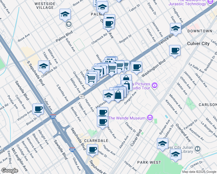map of restaurants, bars, coffee shops, grocery stores, and more near 3840 Girard Avenue in Culver City