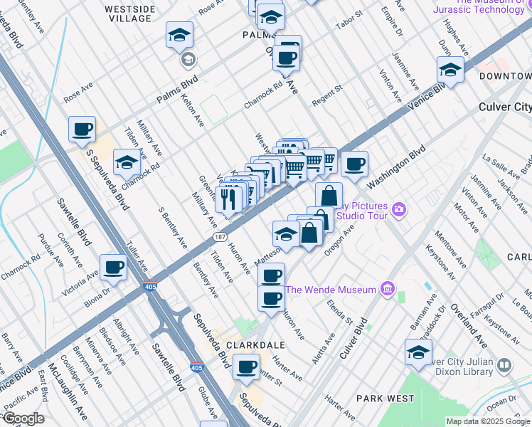 map of restaurants, bars, coffee shops, grocery stores, and more near 3815 College Avenue in Culver City