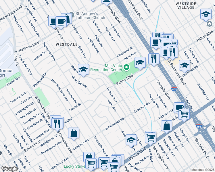 map of restaurants, bars, coffee shops, grocery stores, and more near 3430 Federal Avenue in Los Angeles