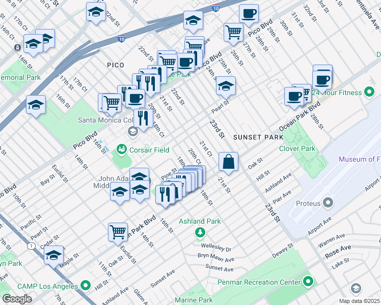map of restaurants, bars, coffee shops, grocery stores, and more near 2405 20th Street in Santa Monica