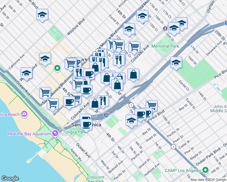 map of restaurants, bars, coffee shops, grocery stores, and more near 1623 7th Street in Santa Monica