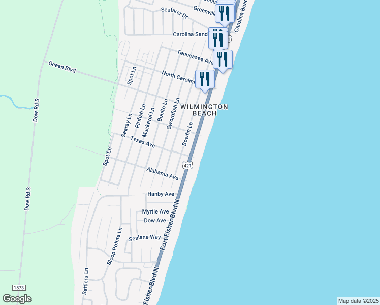 map of restaurants, bars, coffee shops, grocery stores, and more near Texas Avenue in Carolina Beach