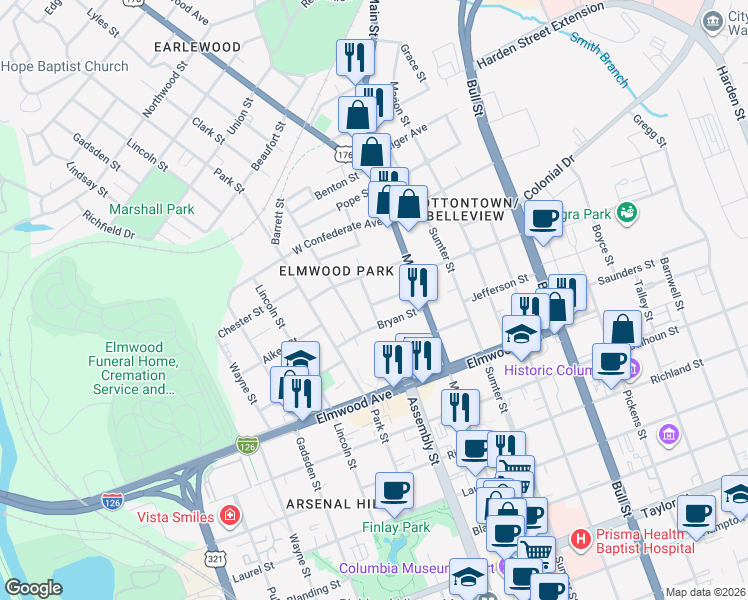 map of restaurants, bars, coffee shops, grocery stores, and more near 2212 Rembert Street in Columbia