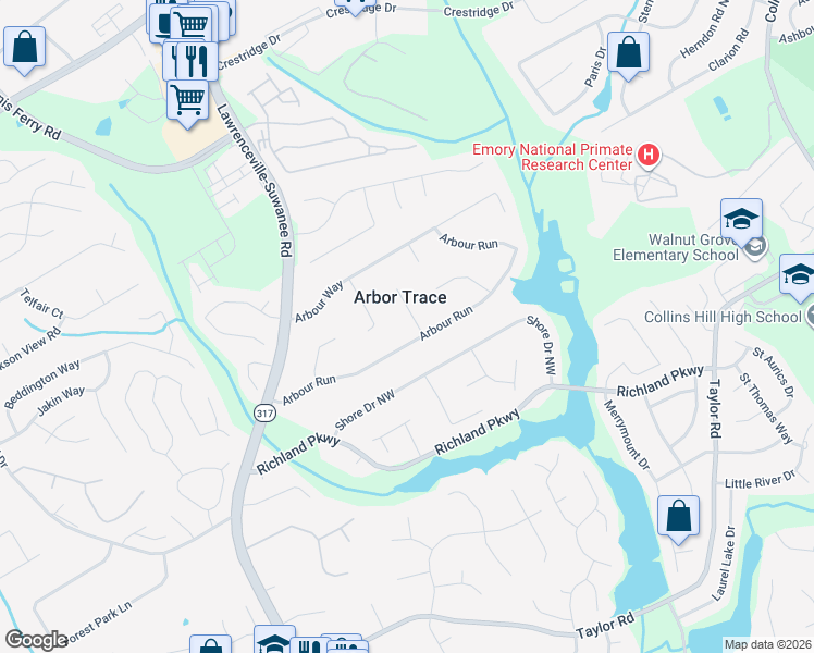 map of restaurants, bars, coffee shops, grocery stores, and more near 2410 Arbour Trace Terrace in Suwanee