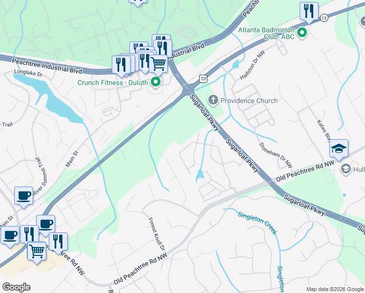 map of restaurants, bars, coffee shops, grocery stores, and more near 3679 Union Park Drive in Duluth