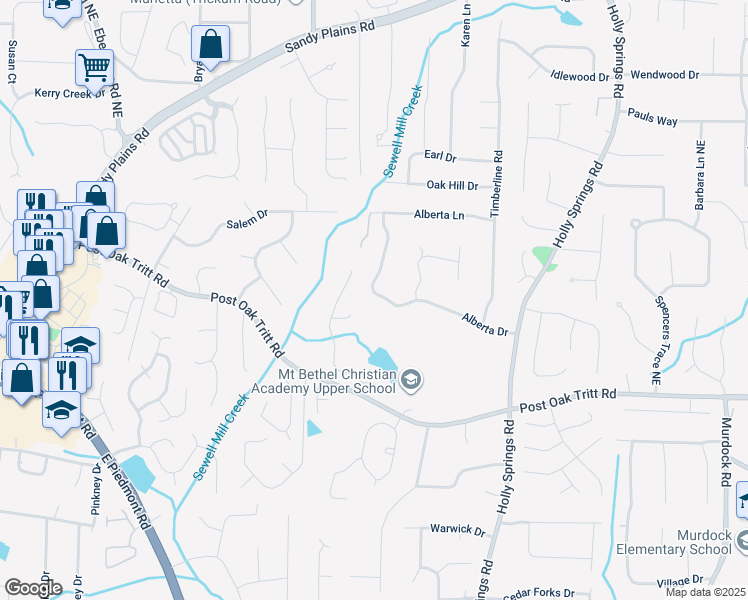 map of restaurants, bars, coffee shops, grocery stores, and more near 3006 Alberta Drive in Marietta