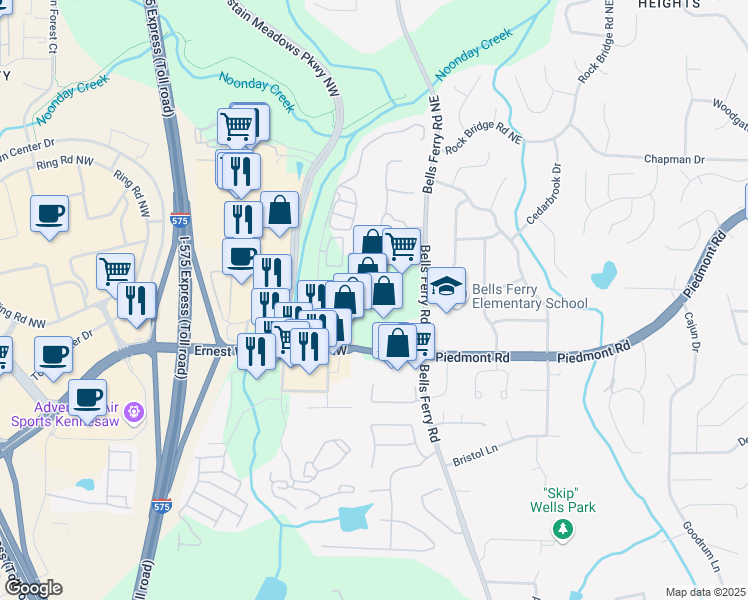 map of restaurants, bars, coffee shops, grocery stores, and more near 50 Ernest W Barrett Parkway Northwest in Marietta