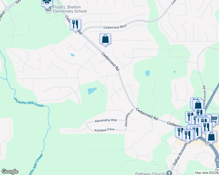 map of restaurants, bars, coffee shops, grocery stores, and more near 43 Cedar Way in Dallas