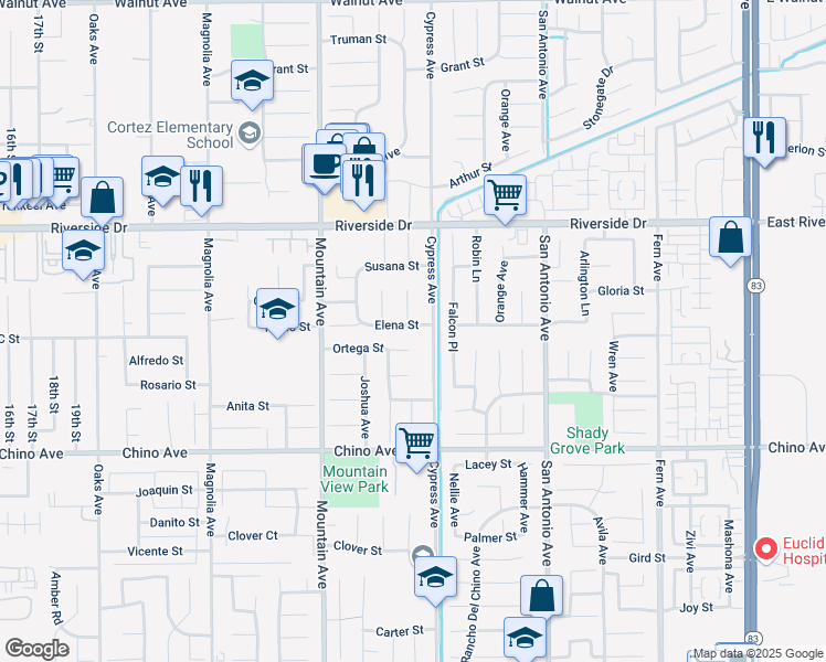 map of restaurants, bars, coffee shops, grocery stores, and more near 6465 Elena Street in Chino