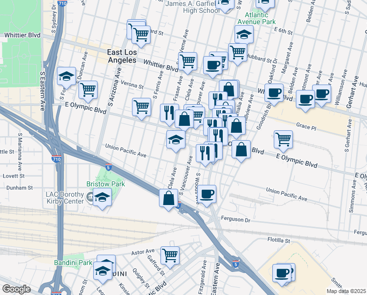 map of restaurants, bars, coffee shops, grocery stores, and more near 1234 Clela Avenue in East Los Angeles
